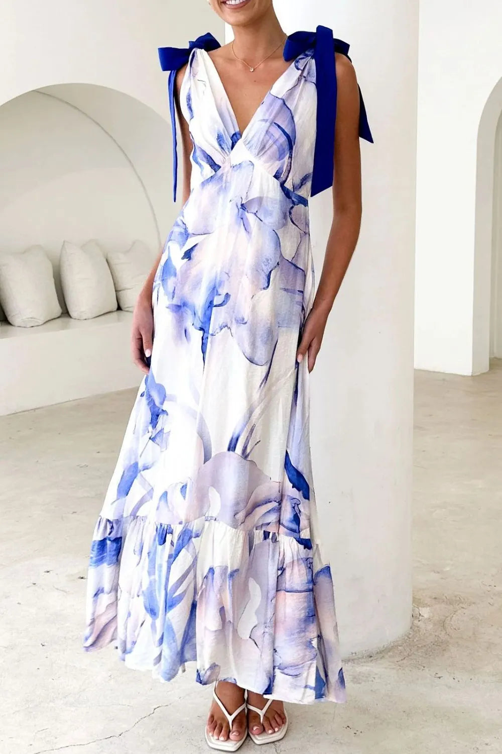 Printed Tie-Shoulder Ruched V-Neck Midi Dress