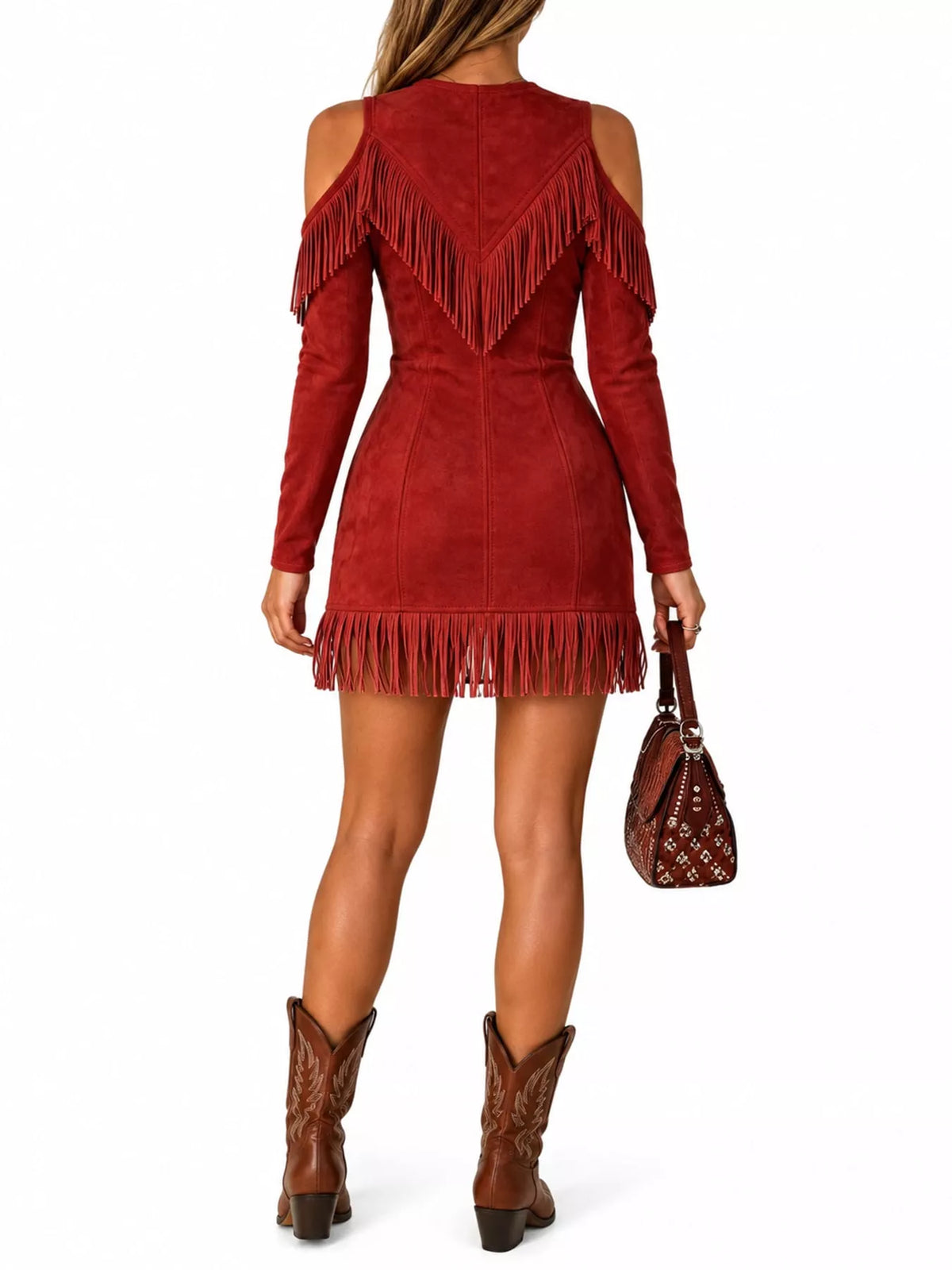 Fringed Cold-Shoulder Zip-Front Mini Dress