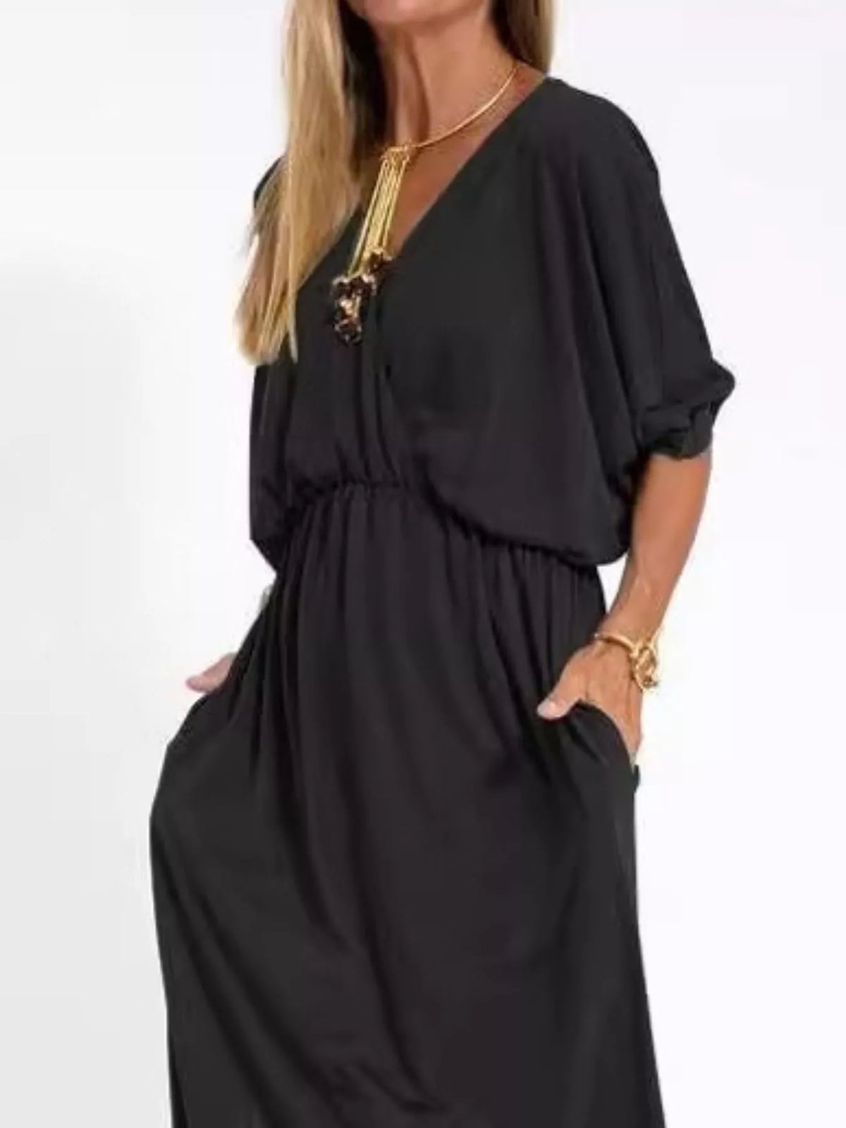 V-Neck Batwing Sleeve Maxi Dress with Pockets