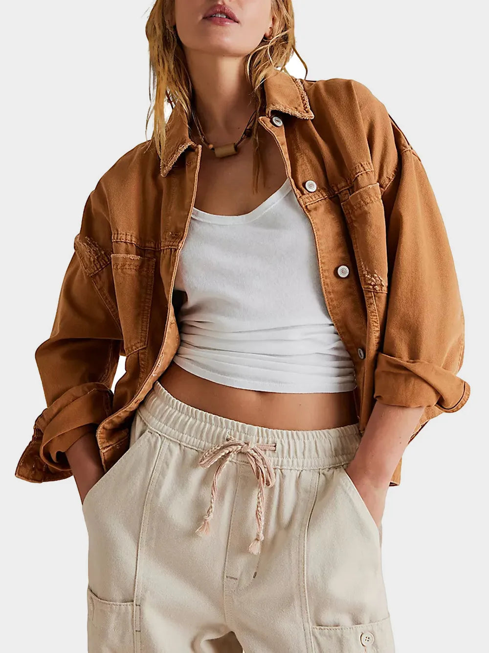 Drop Shoulder Button-Up Denim Jacket in Caramel by Dreamy Drapes