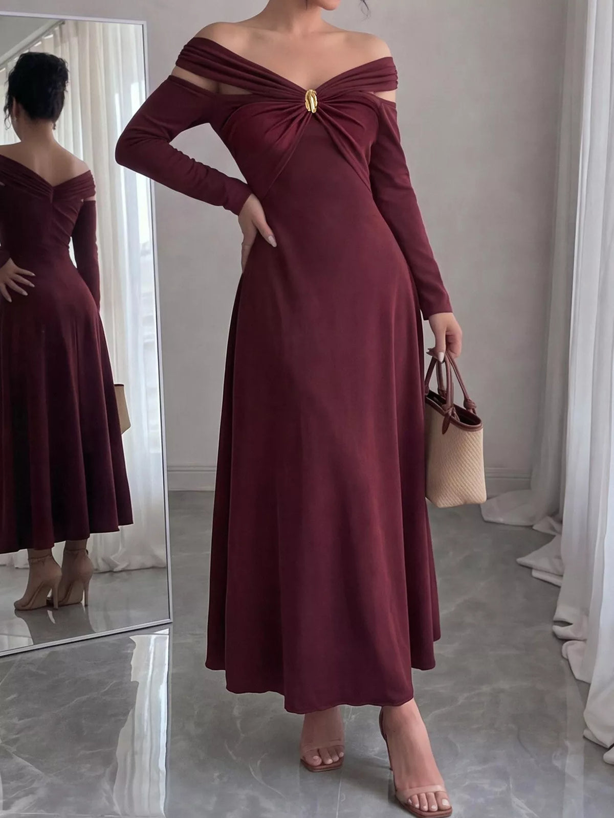 Ruched Off-Shoulder Long-Sleeve Maxi Dress in Burgundy