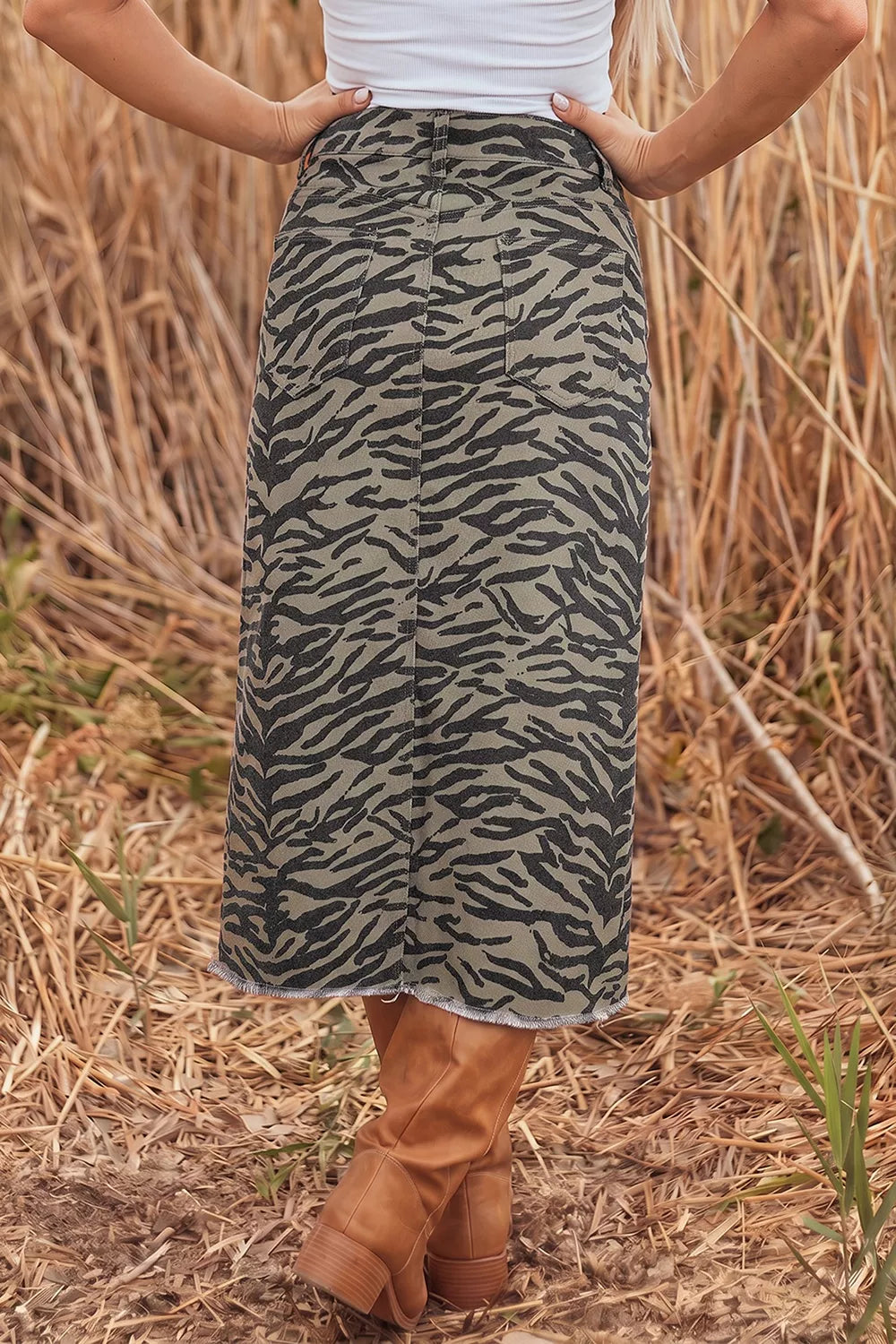 Animal Print Denim Midi Skirt in Army Green
