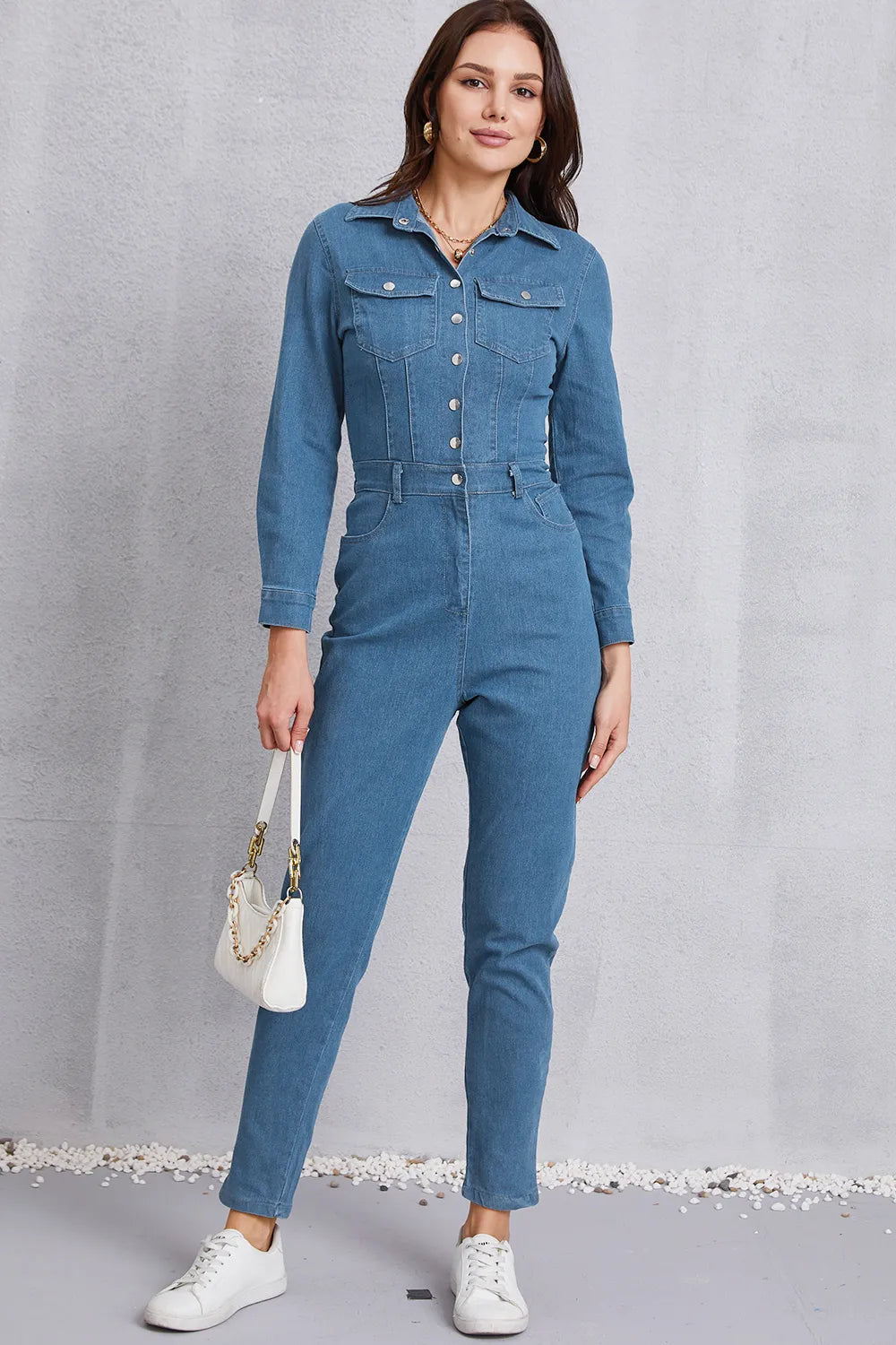 Snap-Down Denim Jumpsuit in Medium Wash by DE.C.H & K.M