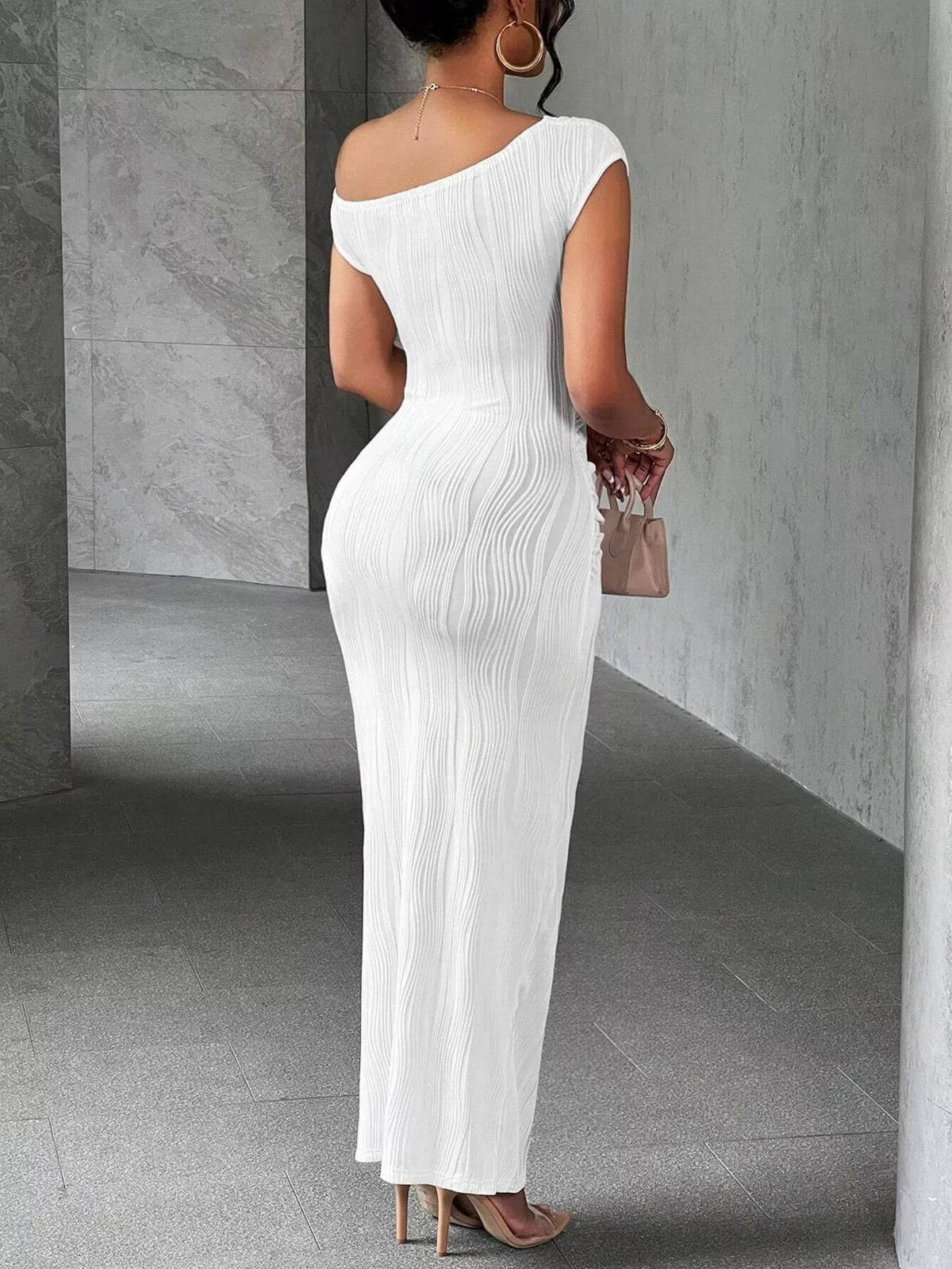 One-Shoulder Textured Ruched Maxi Dress