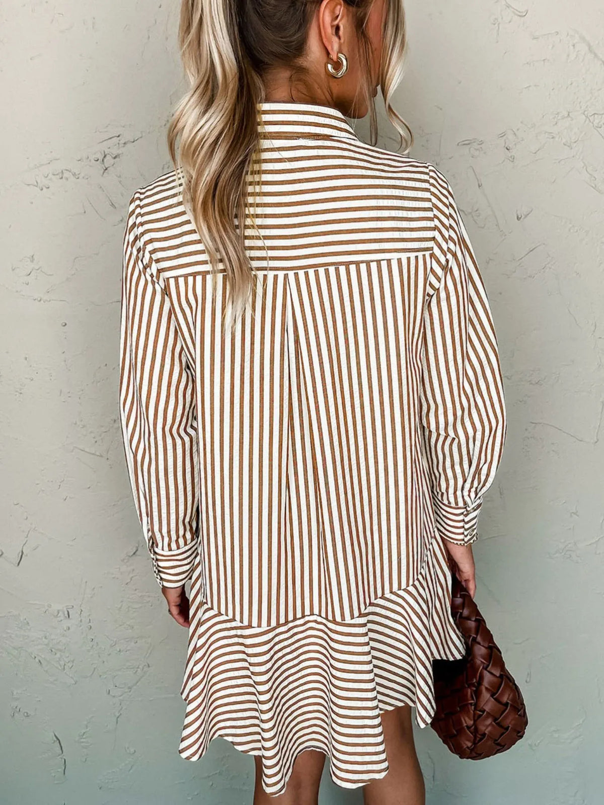 Collared Long Sleeve Mini Shirt Dress in Brown Stripe