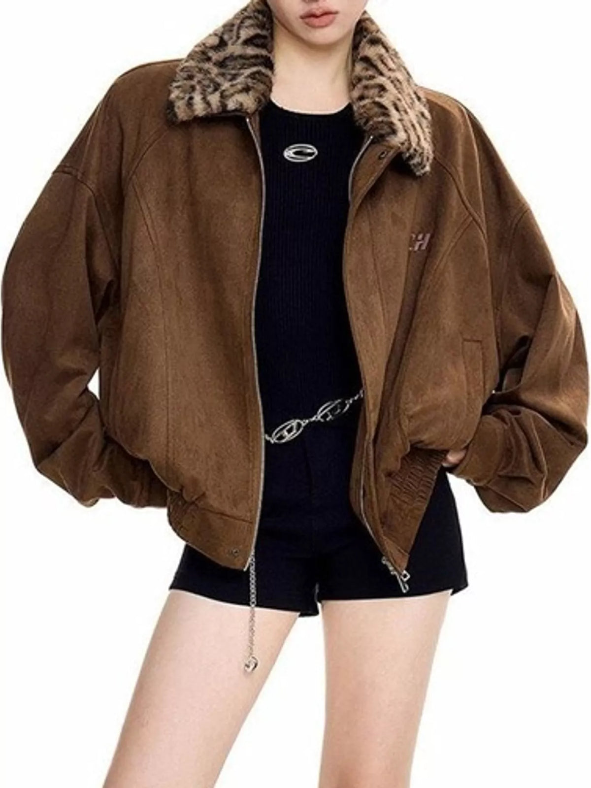 Faux Fur Collar Zip-Up Jacket