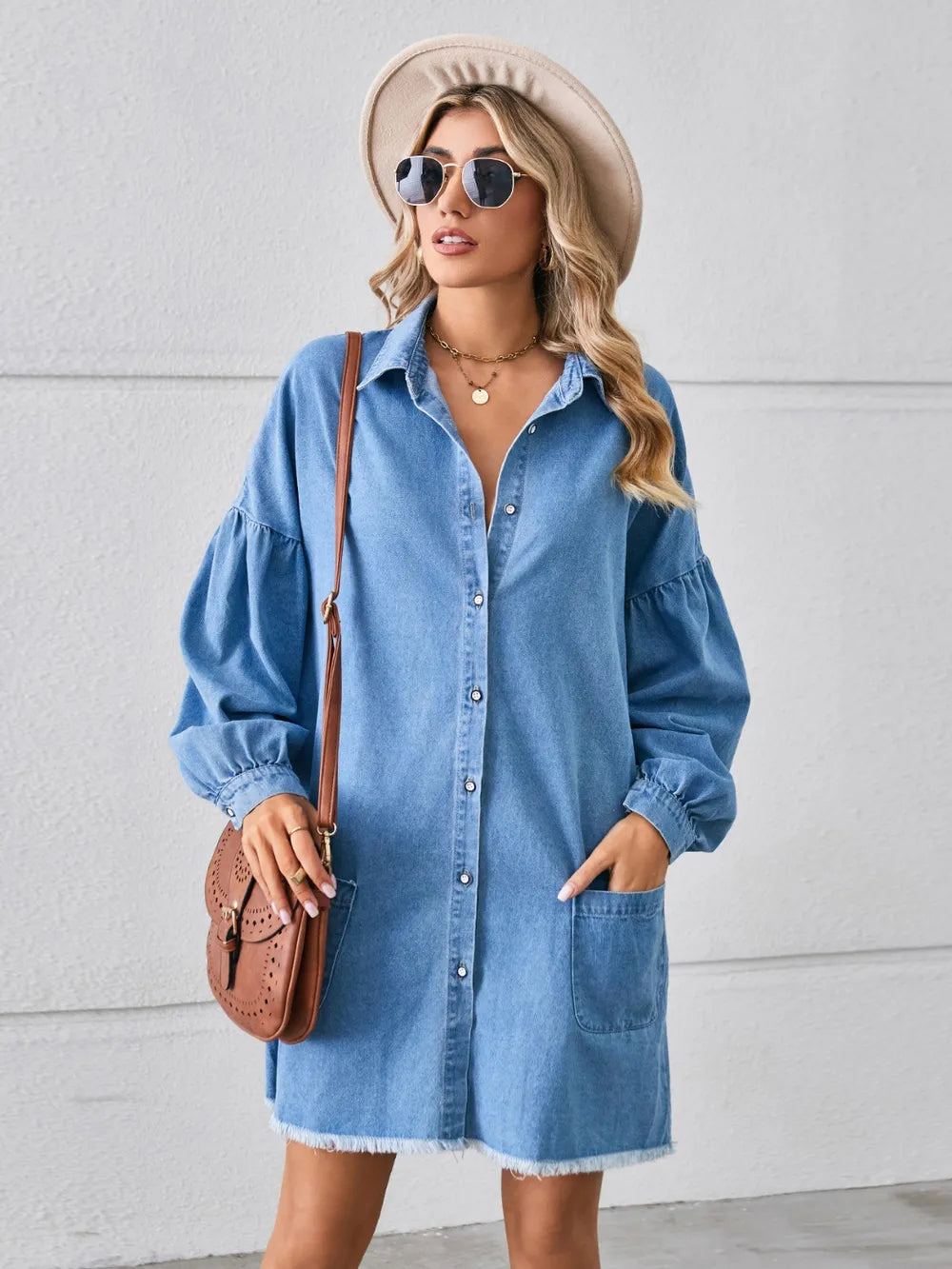 Button-Up Raw-Hem Denim Dress by Manny