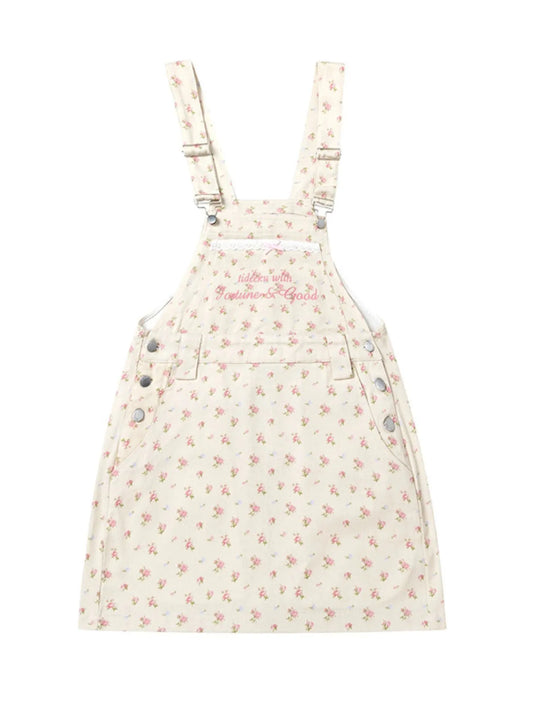 Floral Print Square Neck Overall Dress in Beige