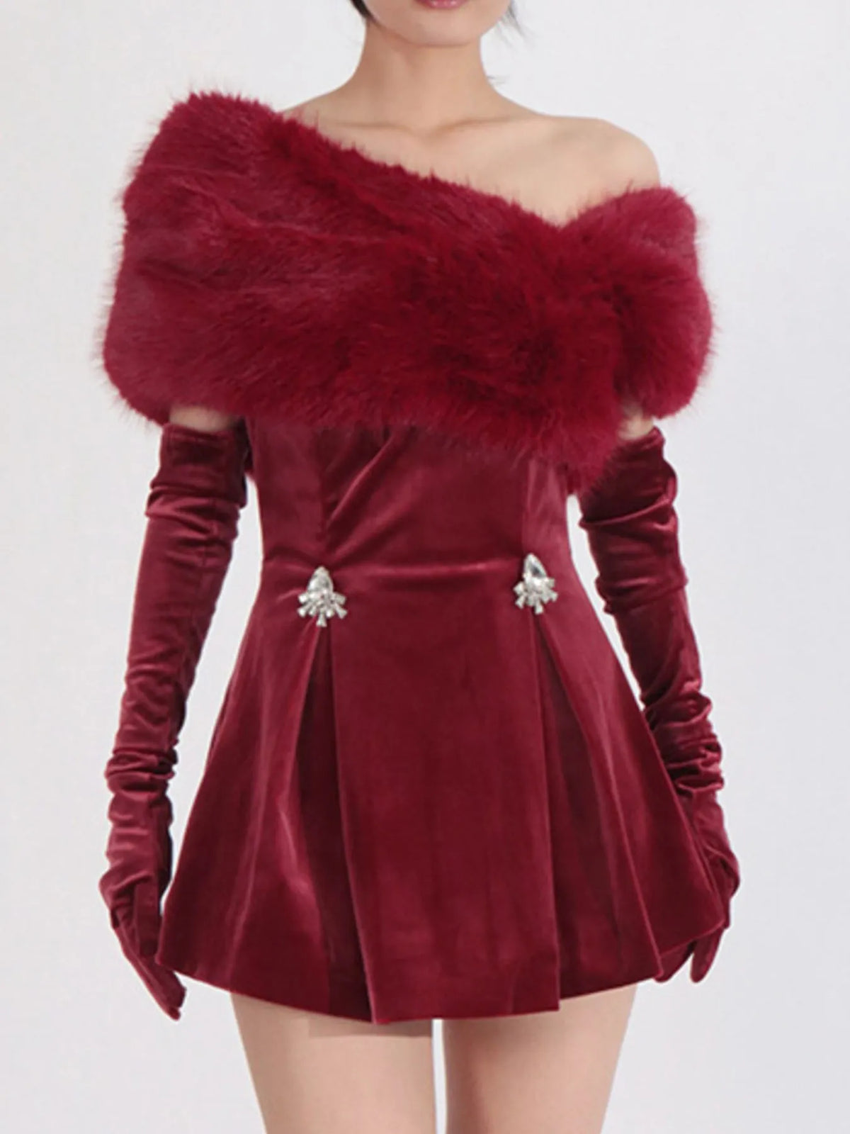 Fuzzy Off-Shoulder Mini Dress in Red