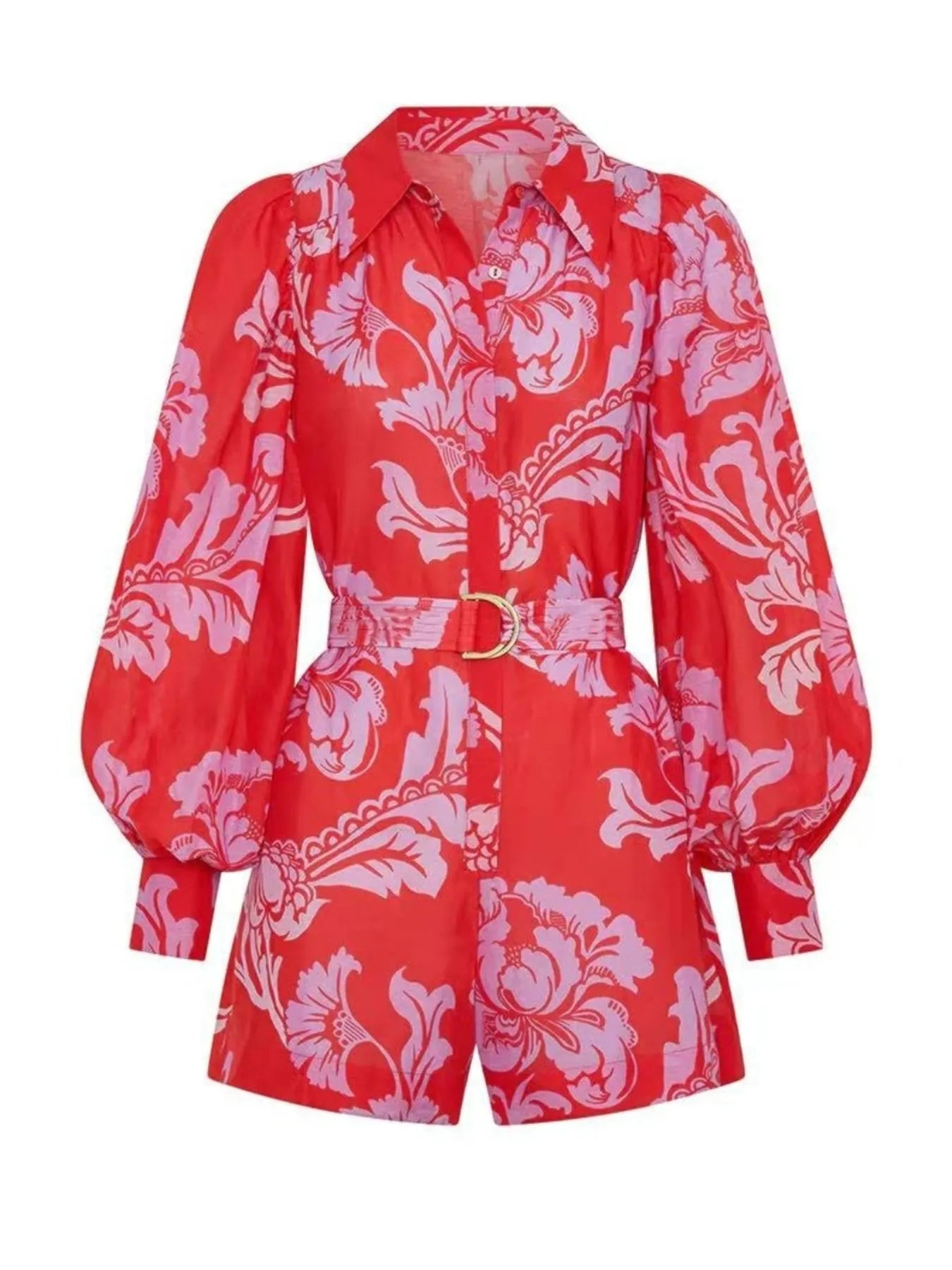Printed Long Sleeve Belted Romper in Red