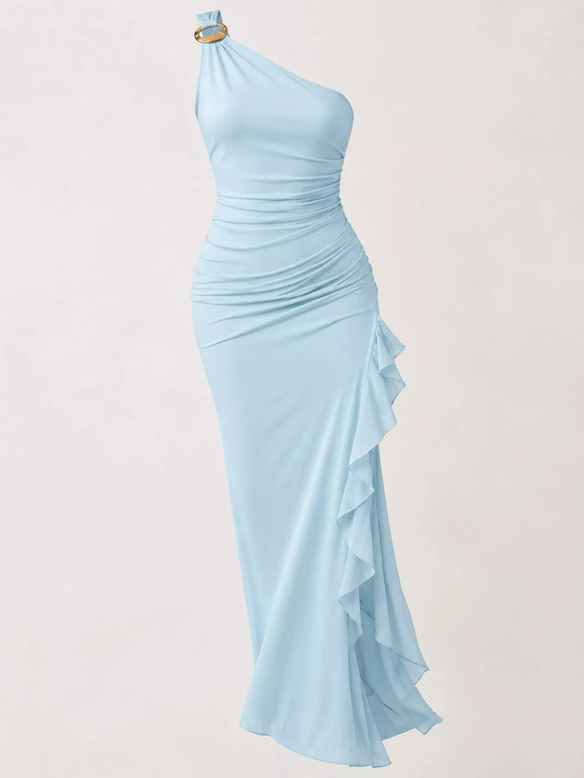 One-Shoulder Ruched Ruffle Hem Maxi Dress
