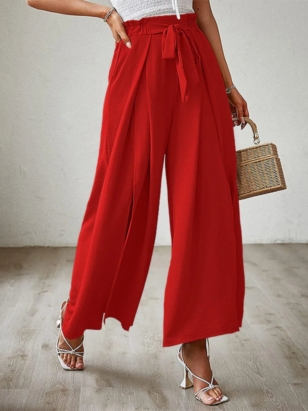 Wide Leg Pants with Tie and Slit