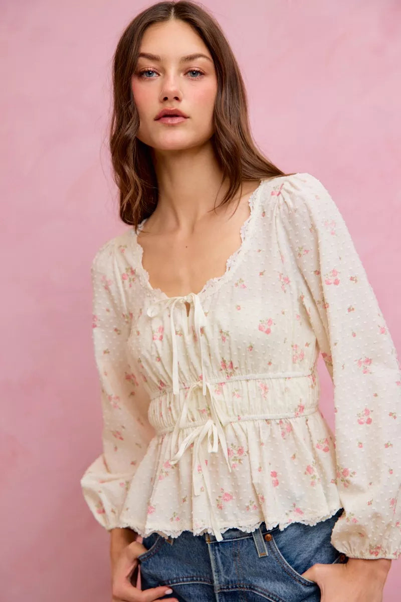 So Me Floral Clip Dot Lace Trim Blouse in White