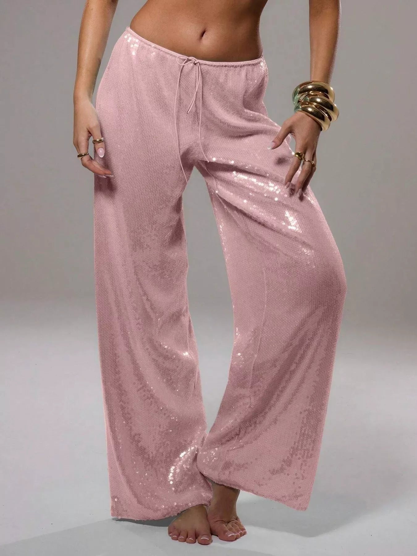 Drawstring Sequin Wide Leg Pants