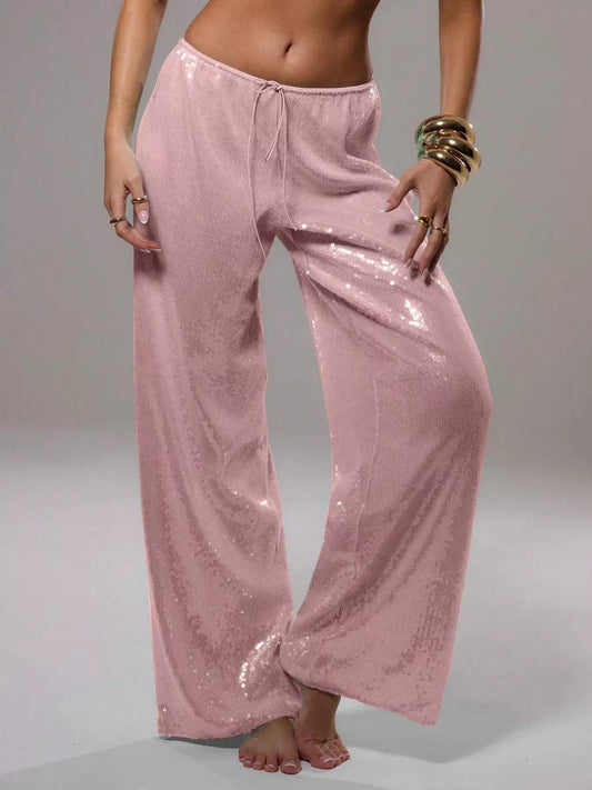 Drawstring Sequin Wide Leg Pants