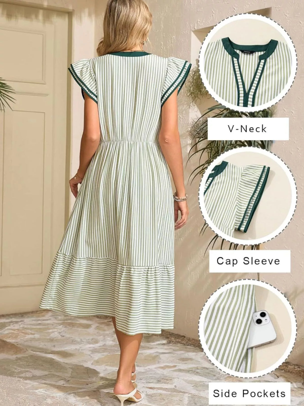 Striped Ruffle Sleeve Midi Dress with Pockets