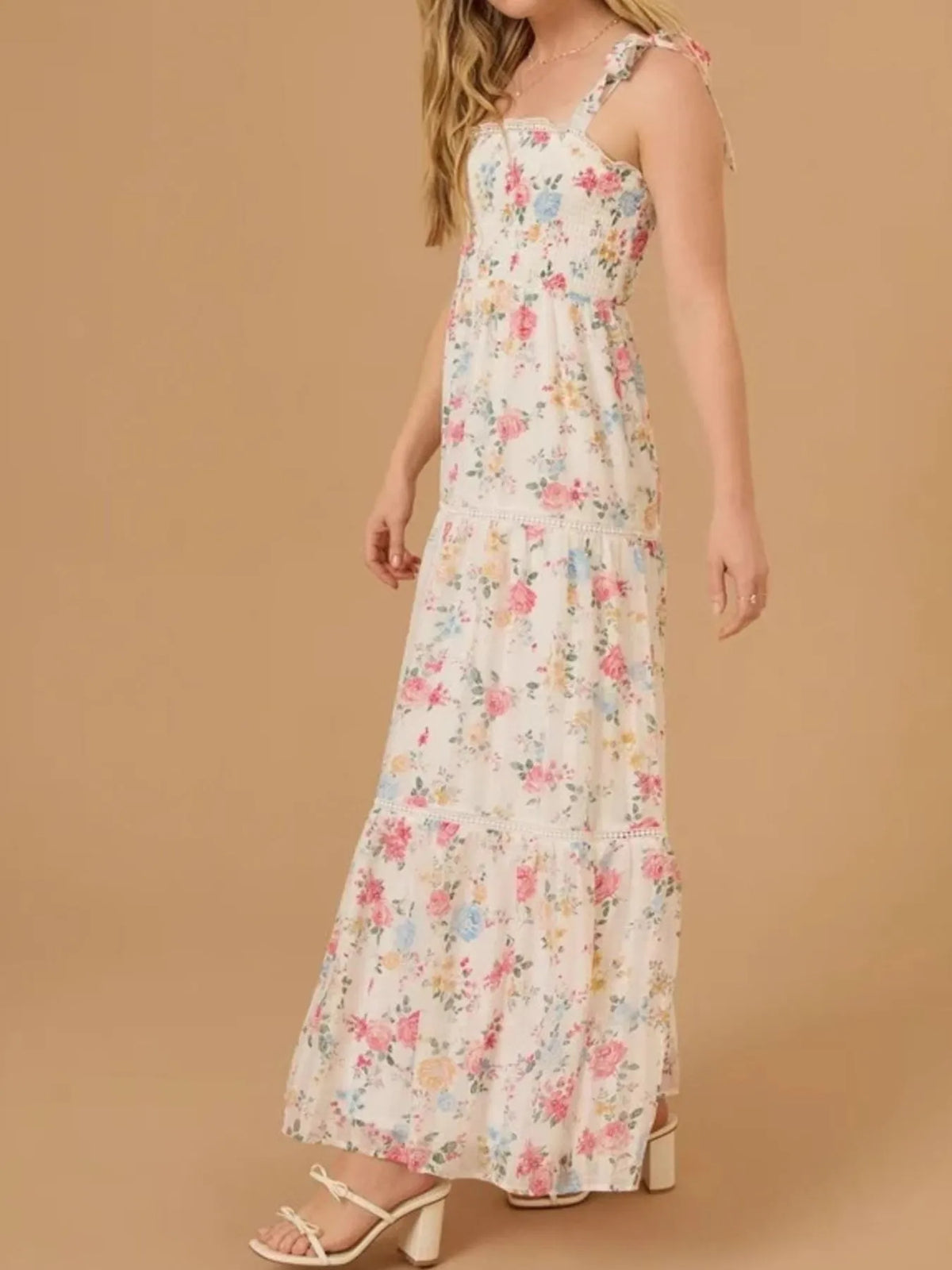 Floral Smocked Tiered Maxi Dress with Tie Straps in Cream