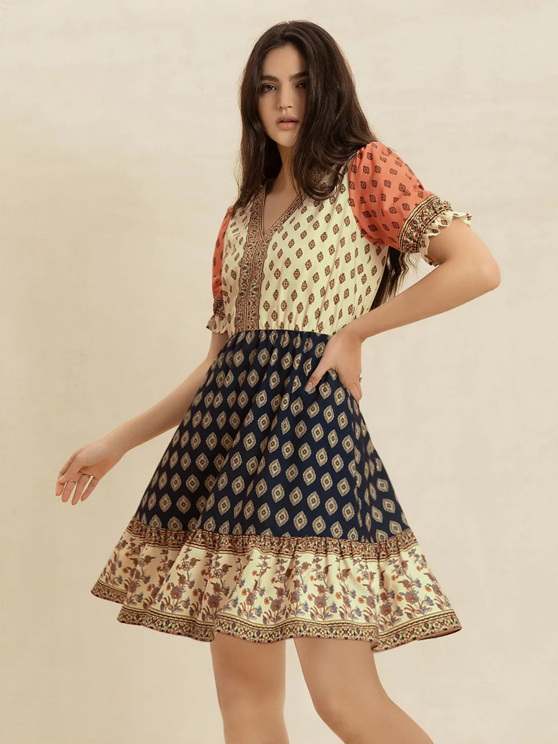 Printed V-Neck Ruched Dress in Tan
