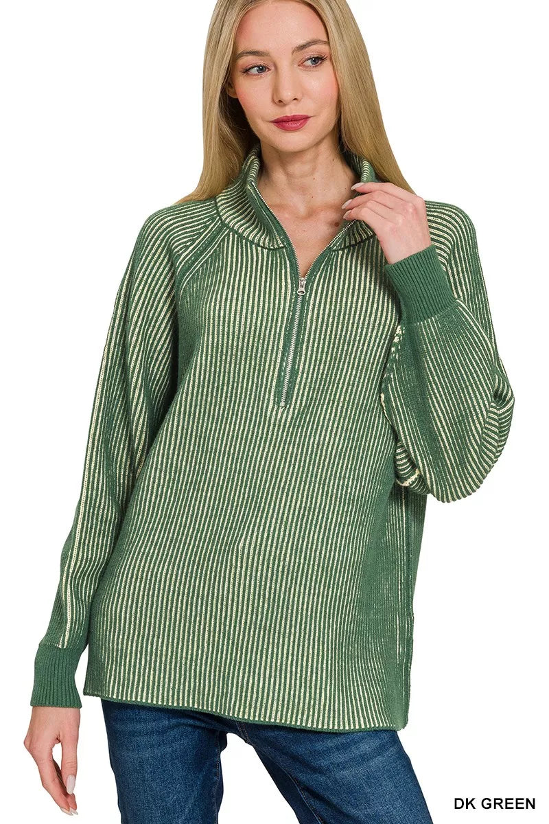 Zenana Ribbed Two-Tone Half Zip Sweater in Dark Green in Dk green