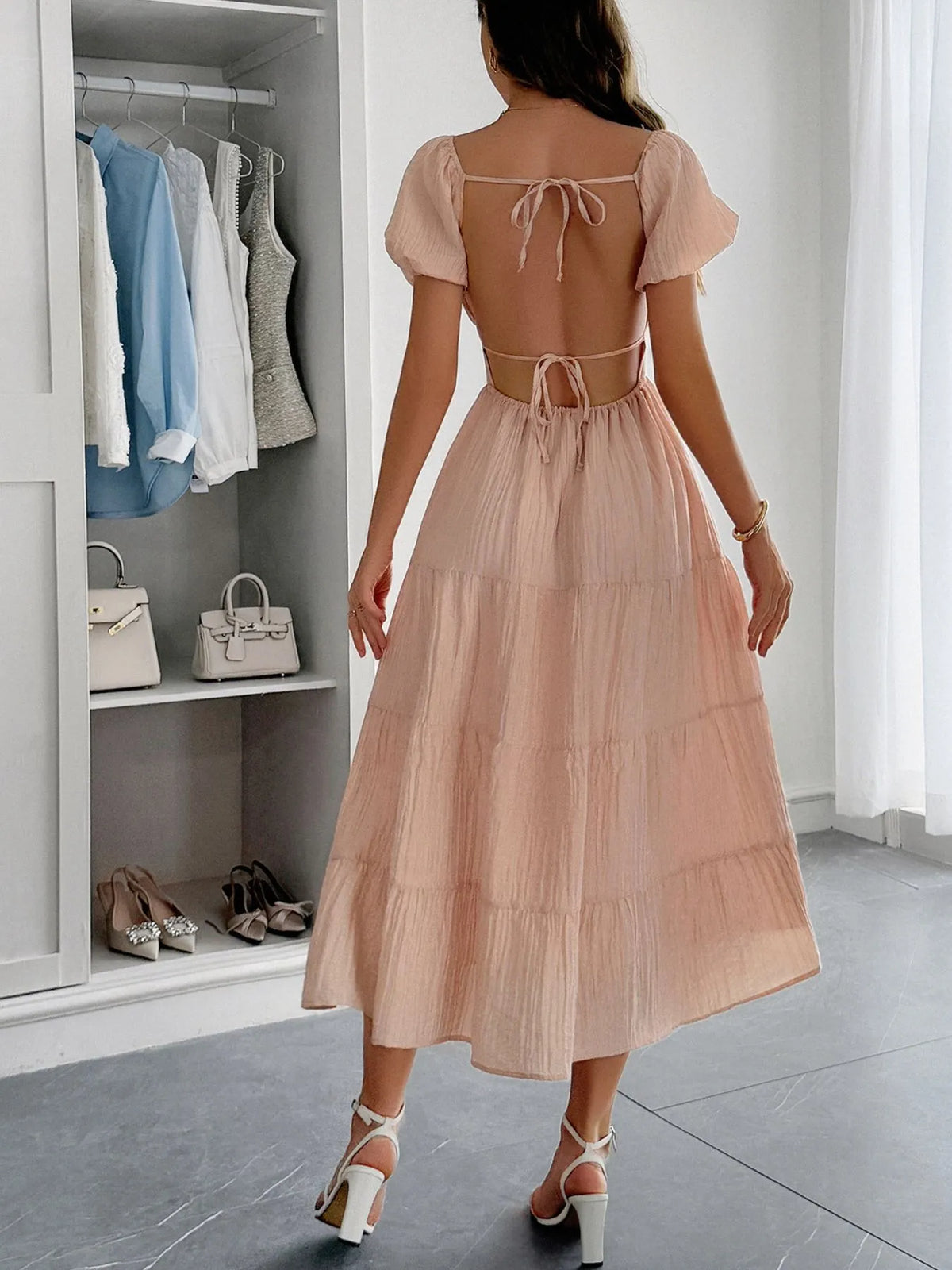 Backless Puff-Sleeve Tiered Midi Dress