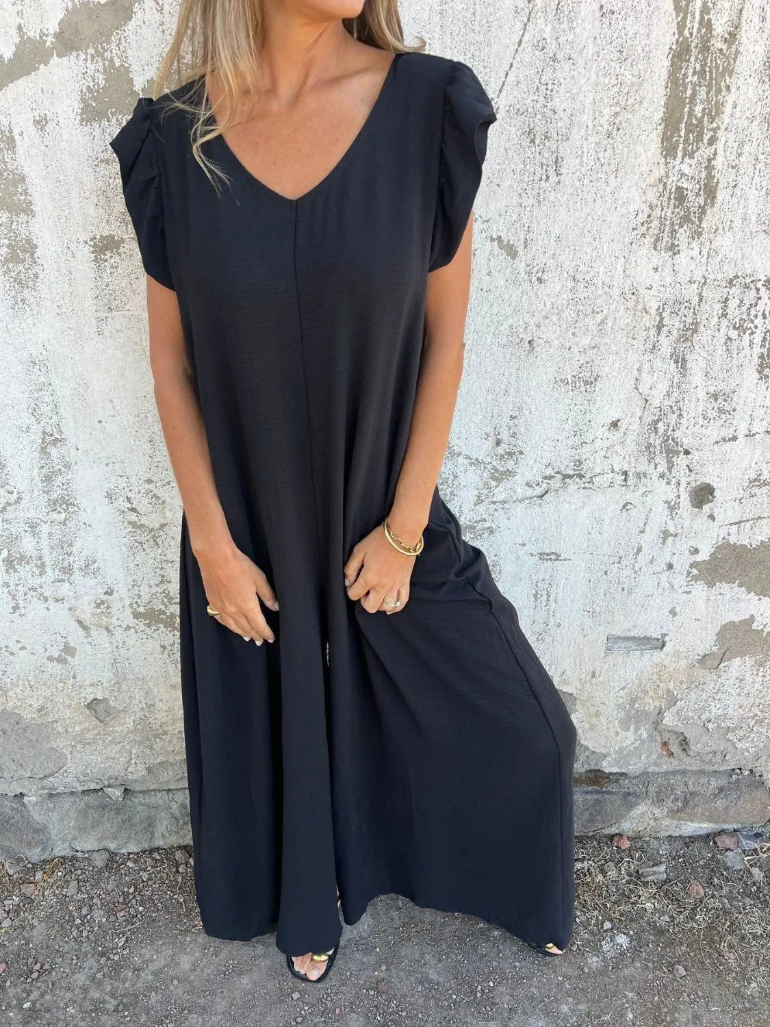 V-Neck Cap Sleeve Wide Leg Jumpsuit