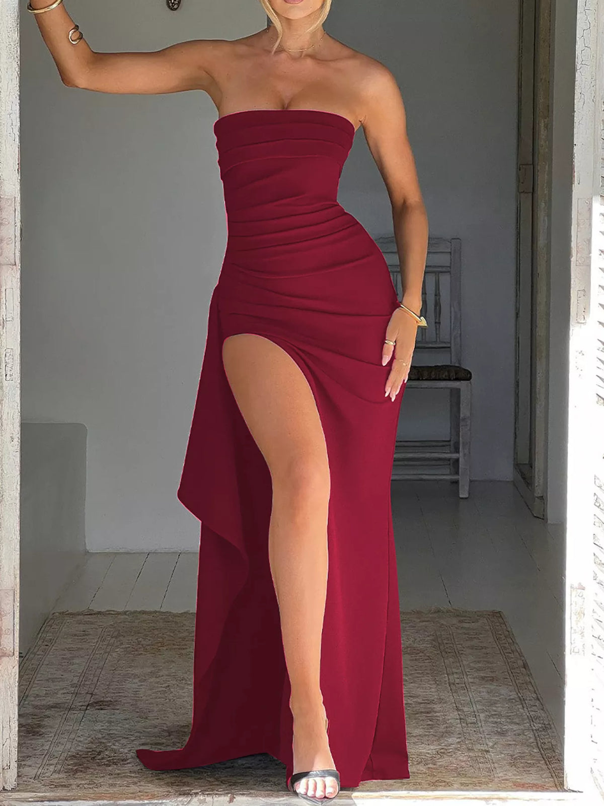 Strapless Ruffled High-Slit Maxi Dress