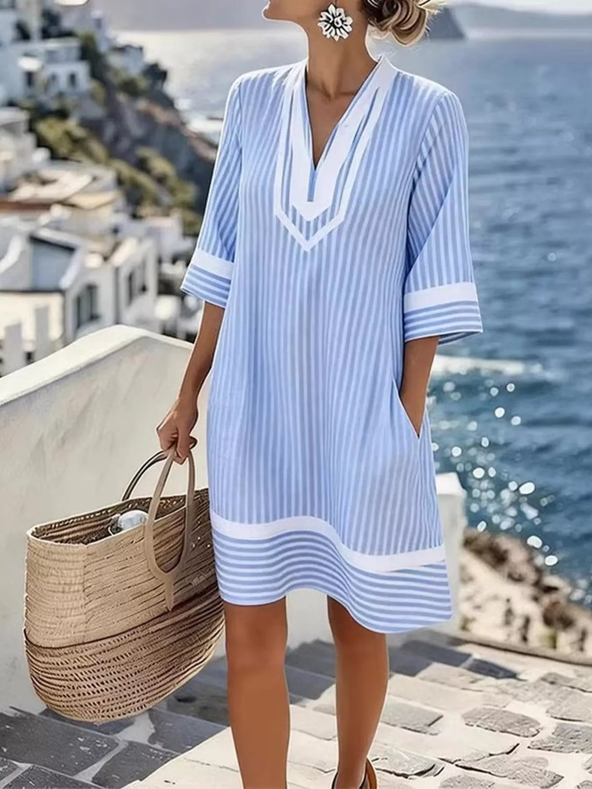 Striped V-Neck Pocketed Casual Dress
