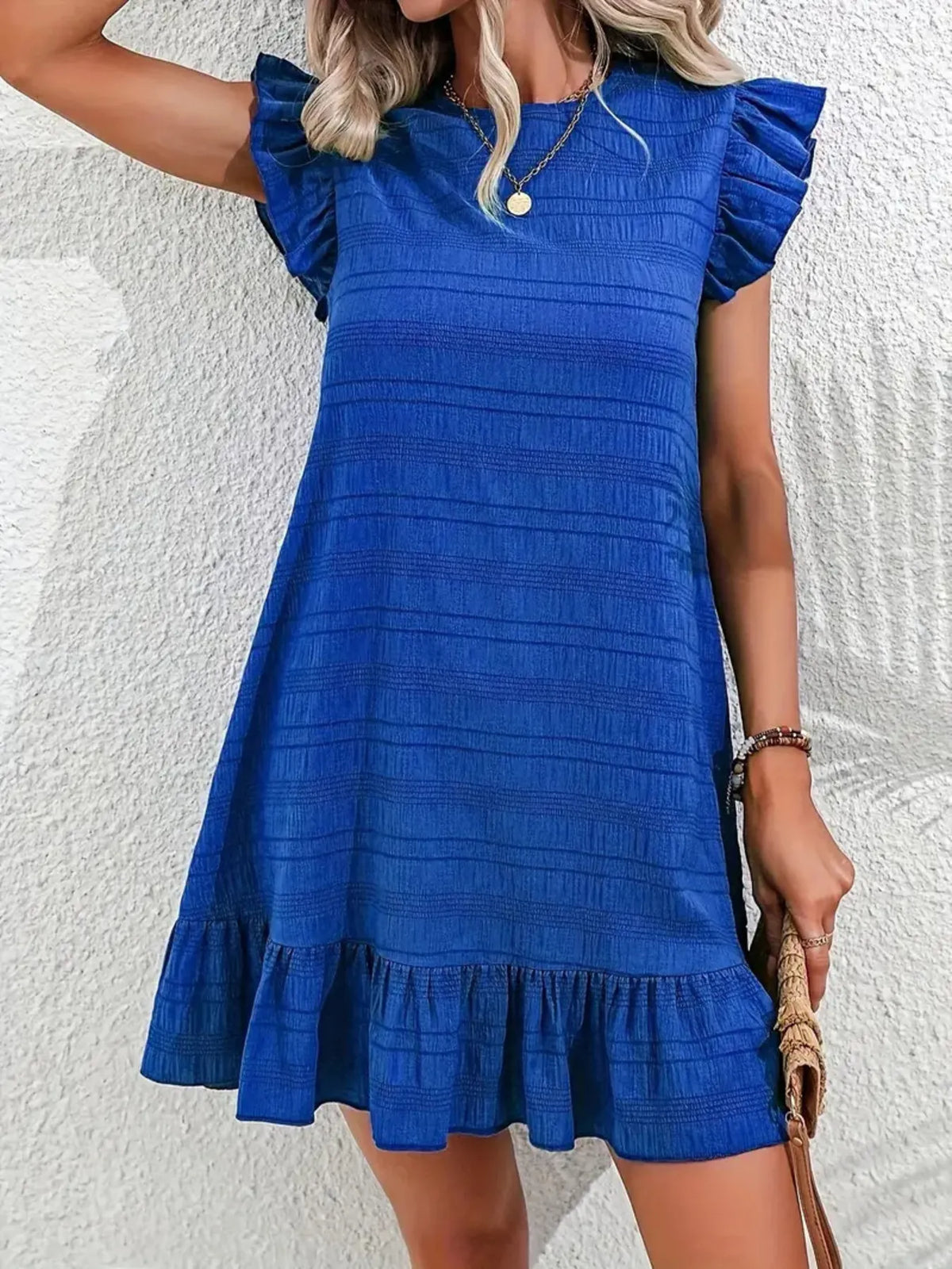 Ruffled Flutter Sleeve Textured Mini Dress