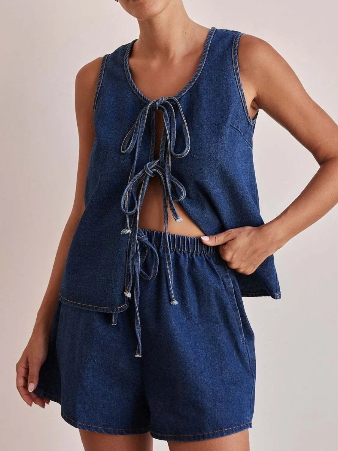 Tie-Front Vest and Shorts Denim Set