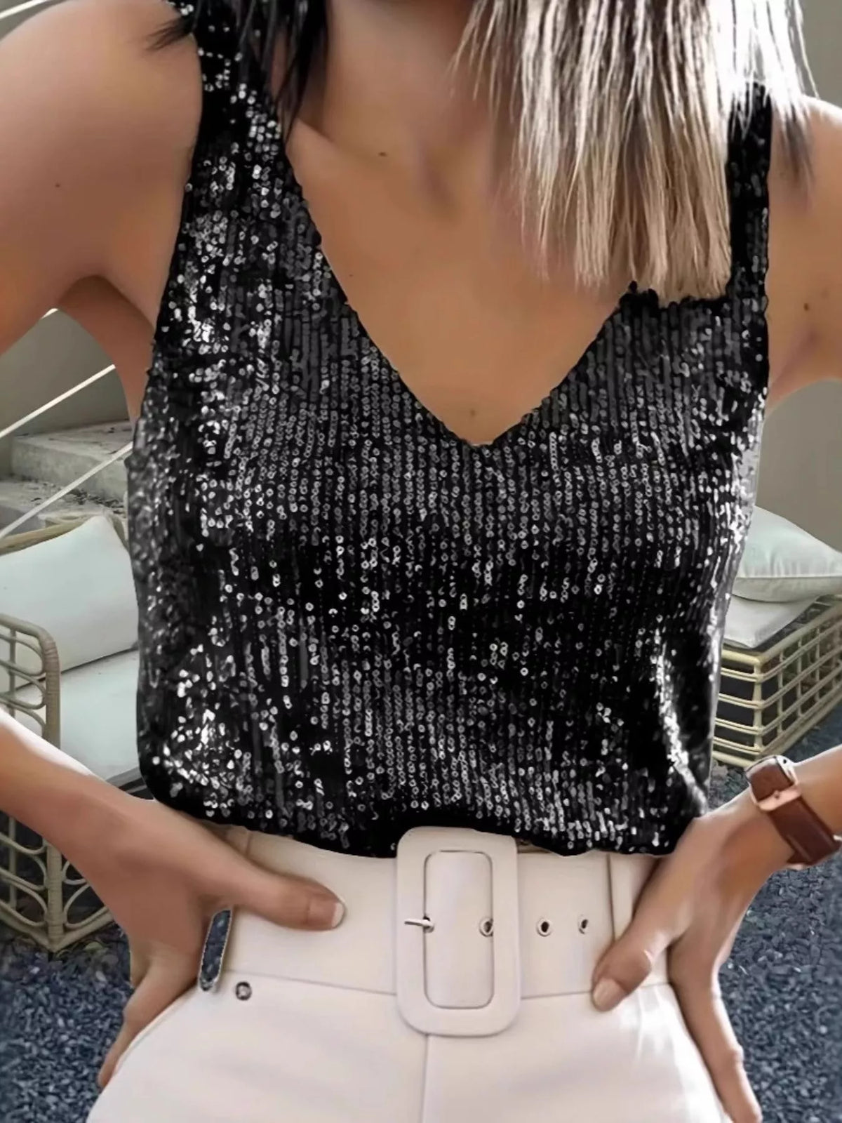 Sequin V-Neck Tank Top