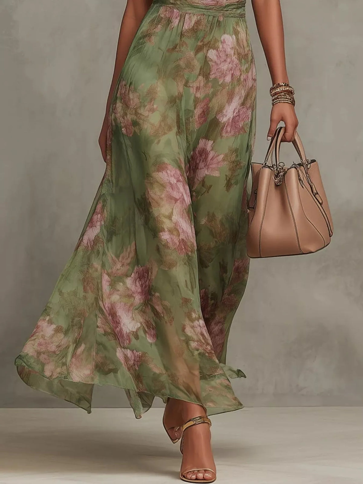 Floral Print Sleeveless Maxi Dress in Green