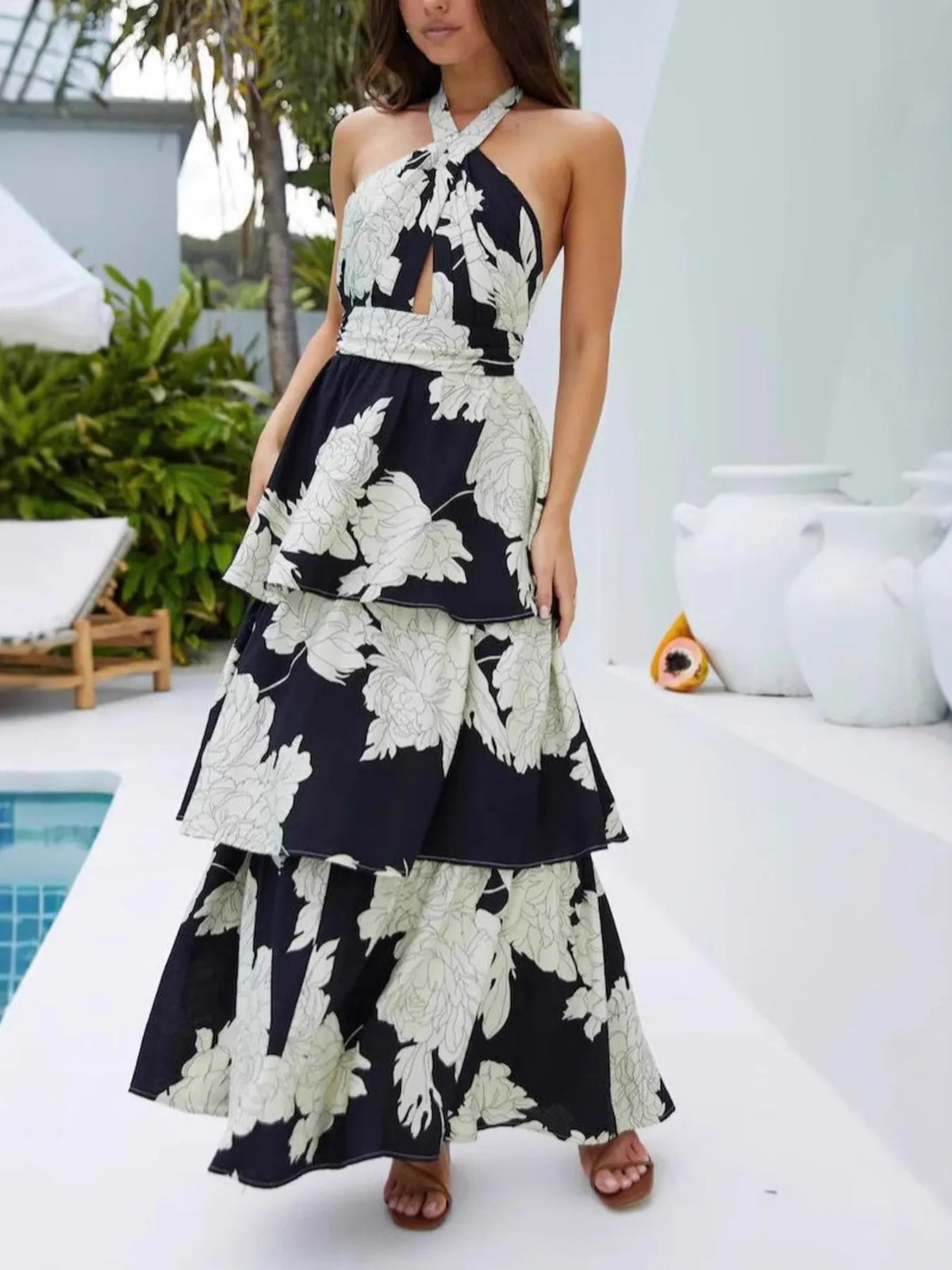 Halter Neck Tiered Maxi Dress in Color