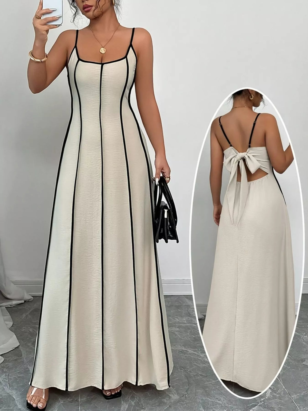 Contrast Trim Spaghetti Strap Maxi Dress in Khaki