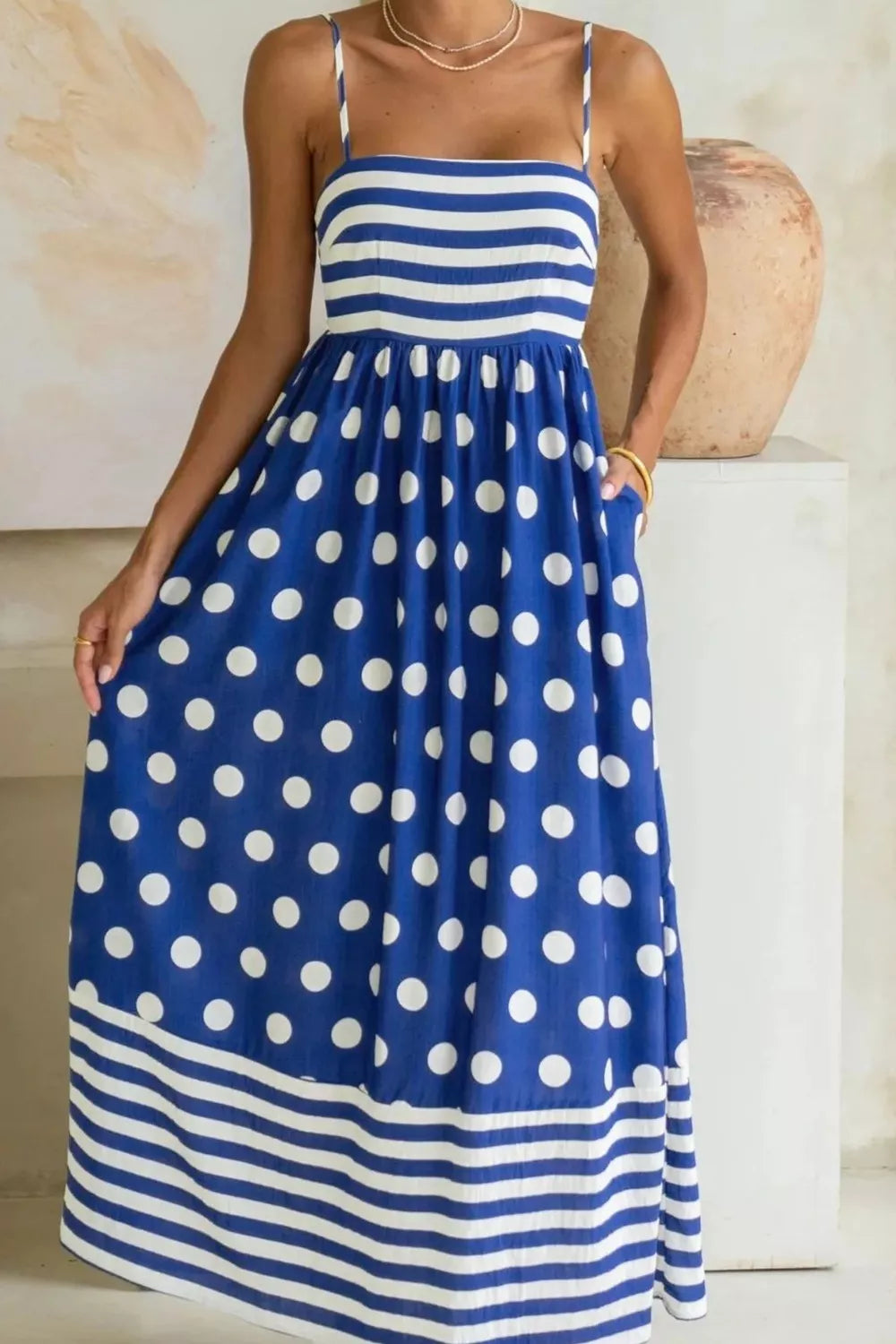 Patchwork Spaghetti Strap Maxi Dress in Navy