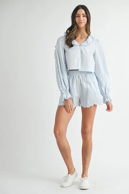 Scallop Trim Blouse and Shorts Set in Light Blue in Lt Blue