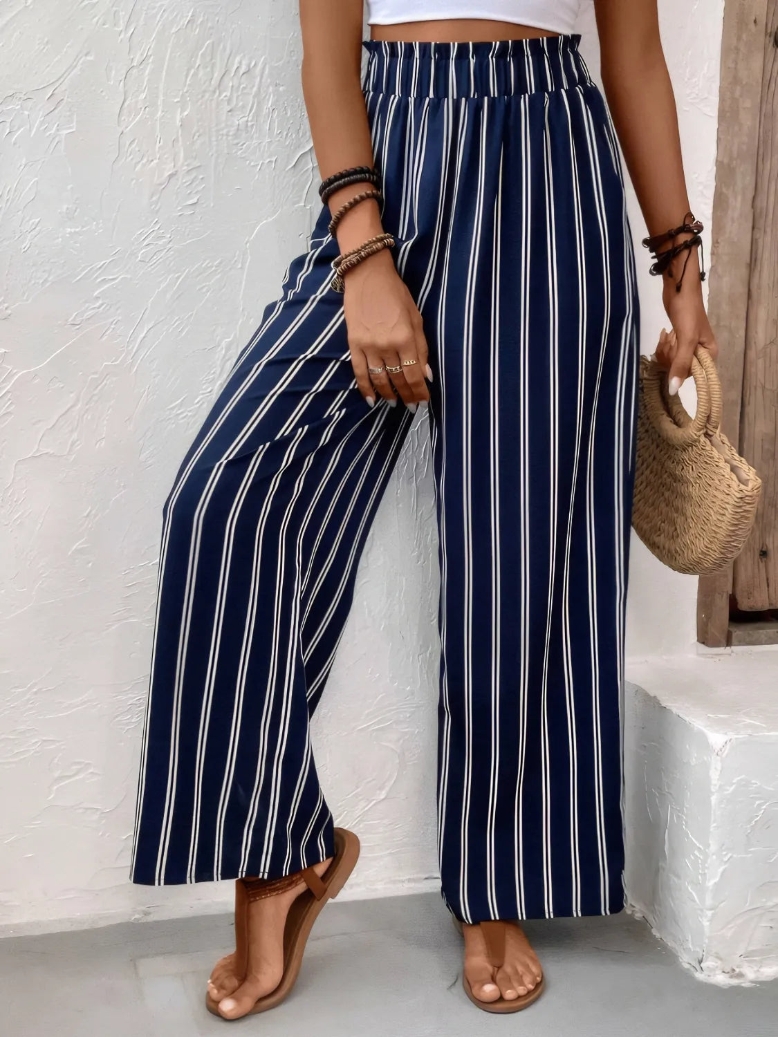 Striped Wide Leg Pants in Dark Navy