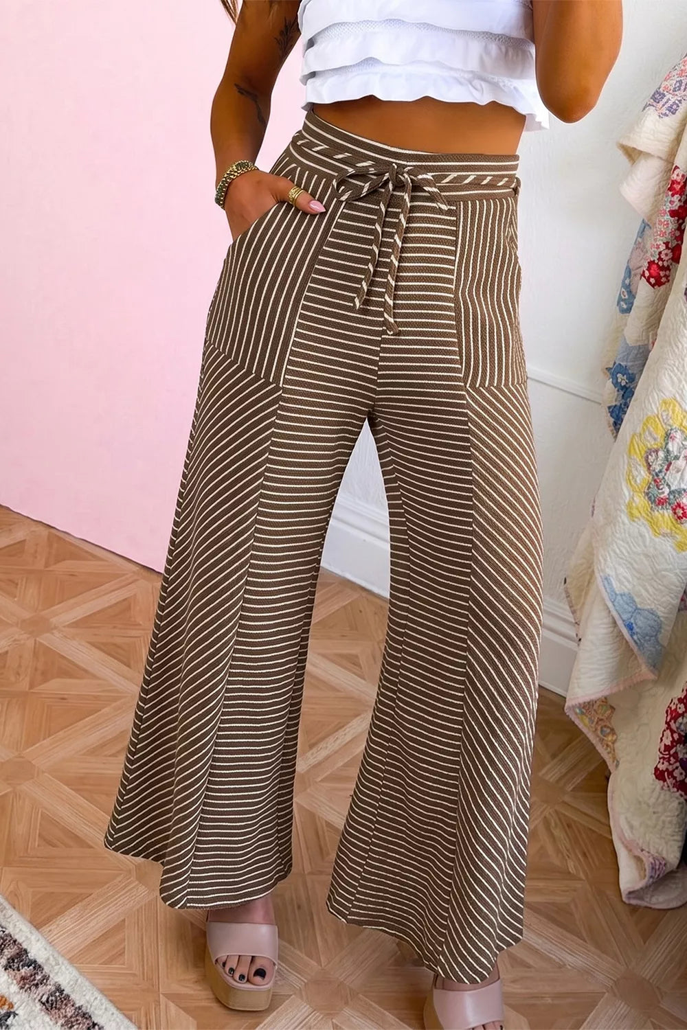 Stripe Patchwork Wide Leg Pants in Brown