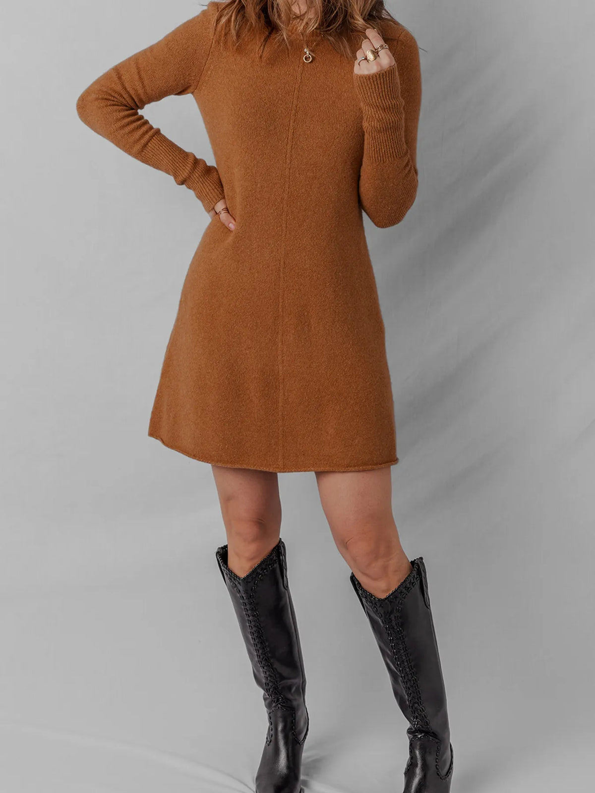 Ribbed Mini Sweater Dress in Caramel