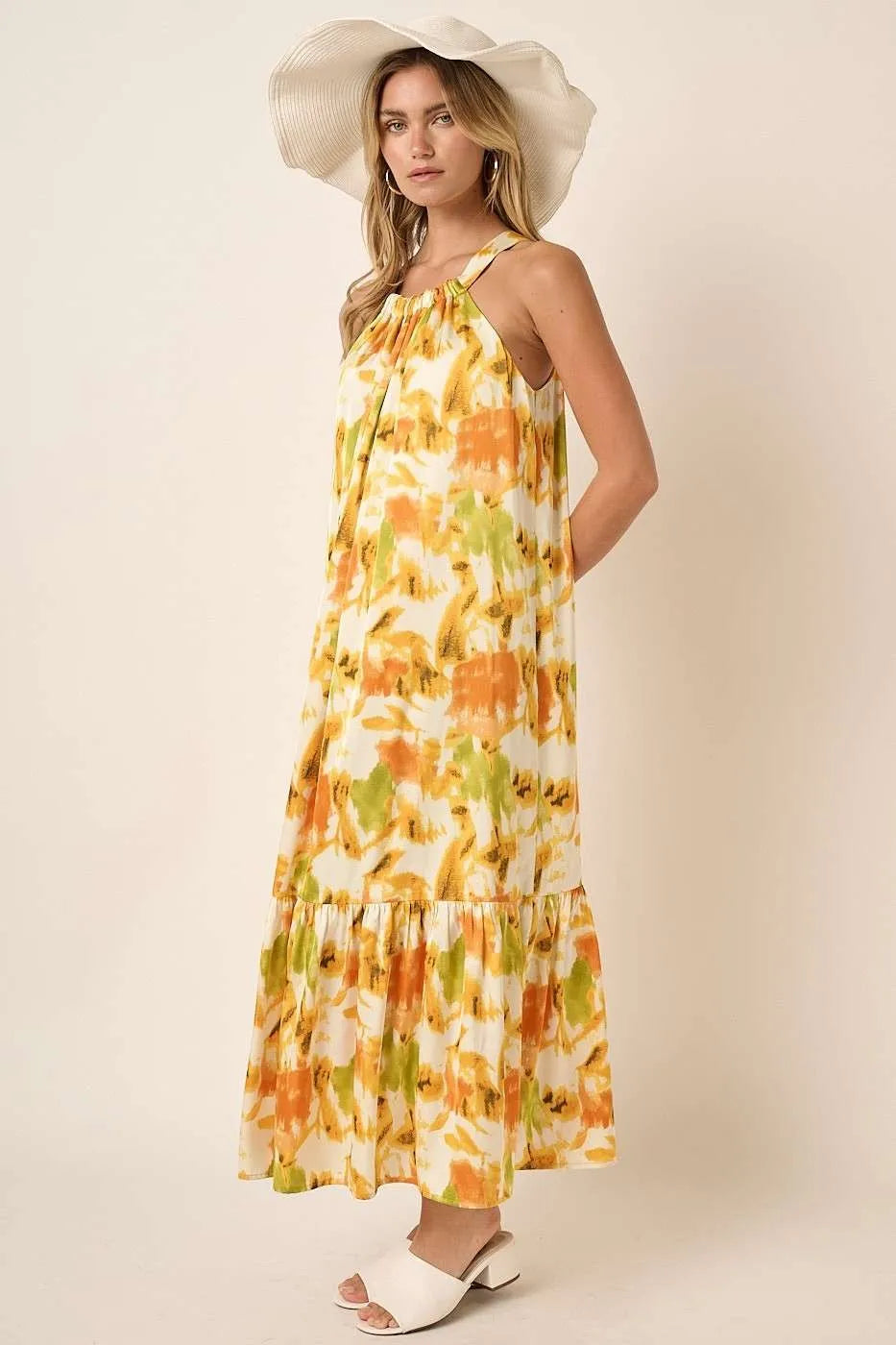 Watercolor Print Halter Maxi Dress in Orange by Mittoshop