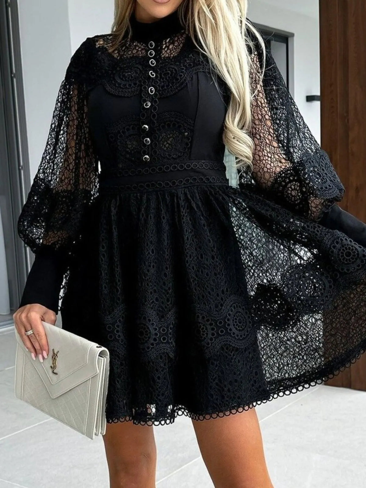Lace Lantern Sleeve Mini Dress