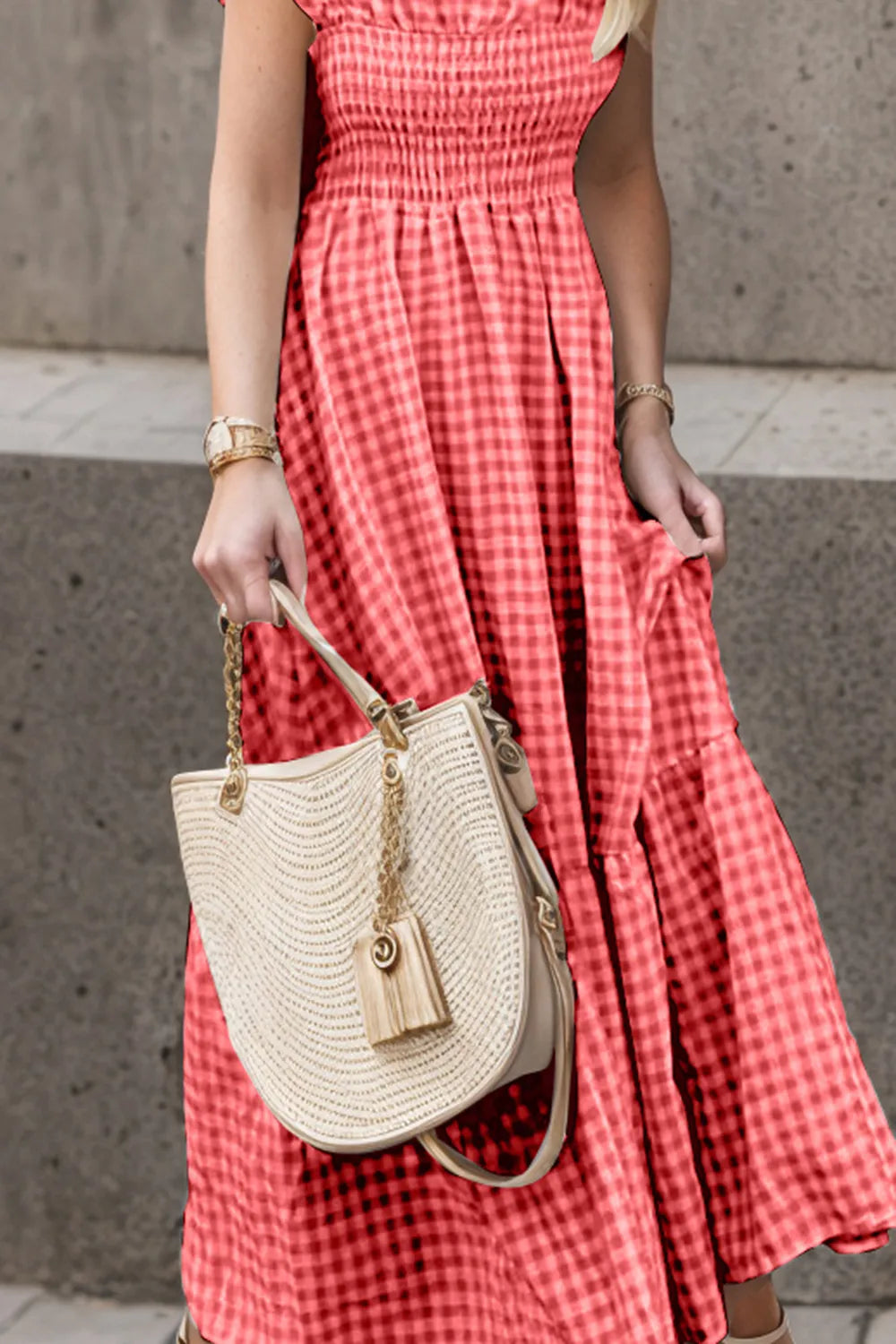 Smocked Plaid Ruffle Hem Dress