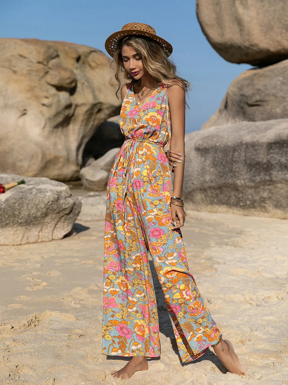 Floral V-Neck Wide Leg Jumpsuit