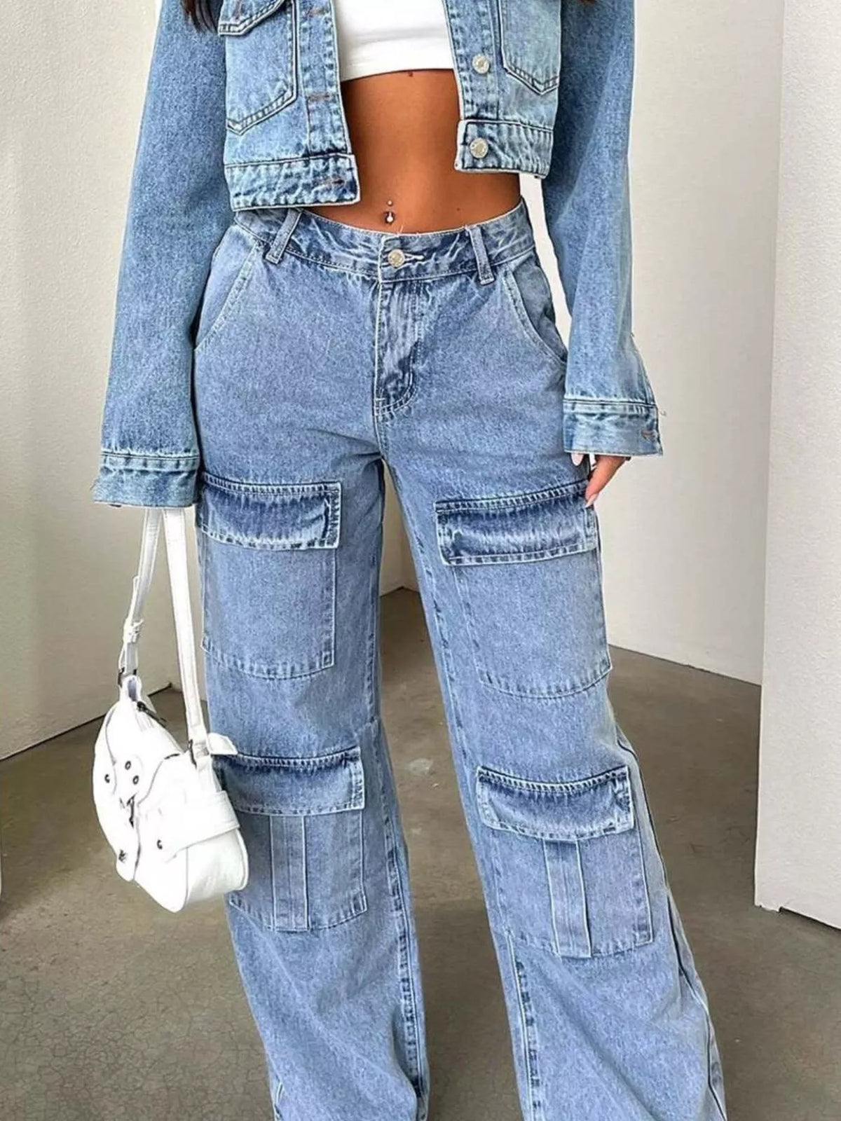 Zip-Front High-Waisted Wide-Leg Cargo Jeans by Dreamy Drapes