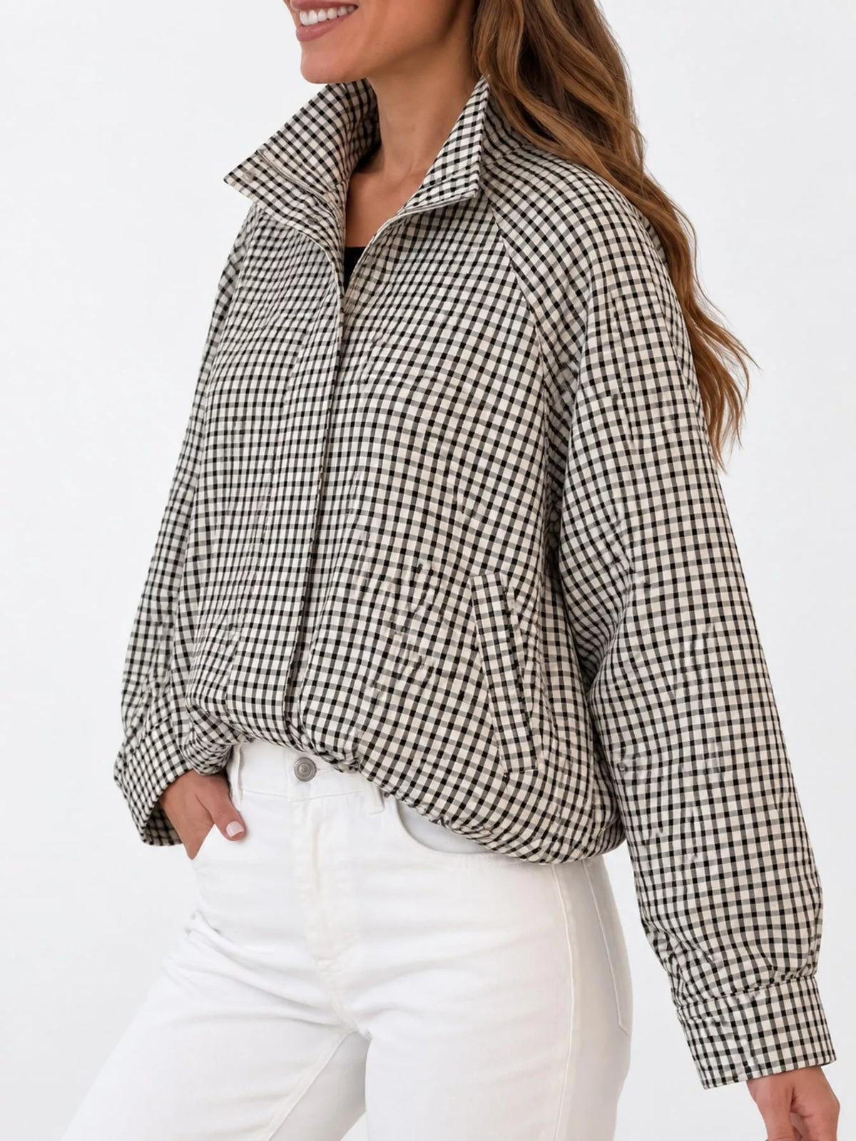 Plaid Stand-Collar Cropped Jacket