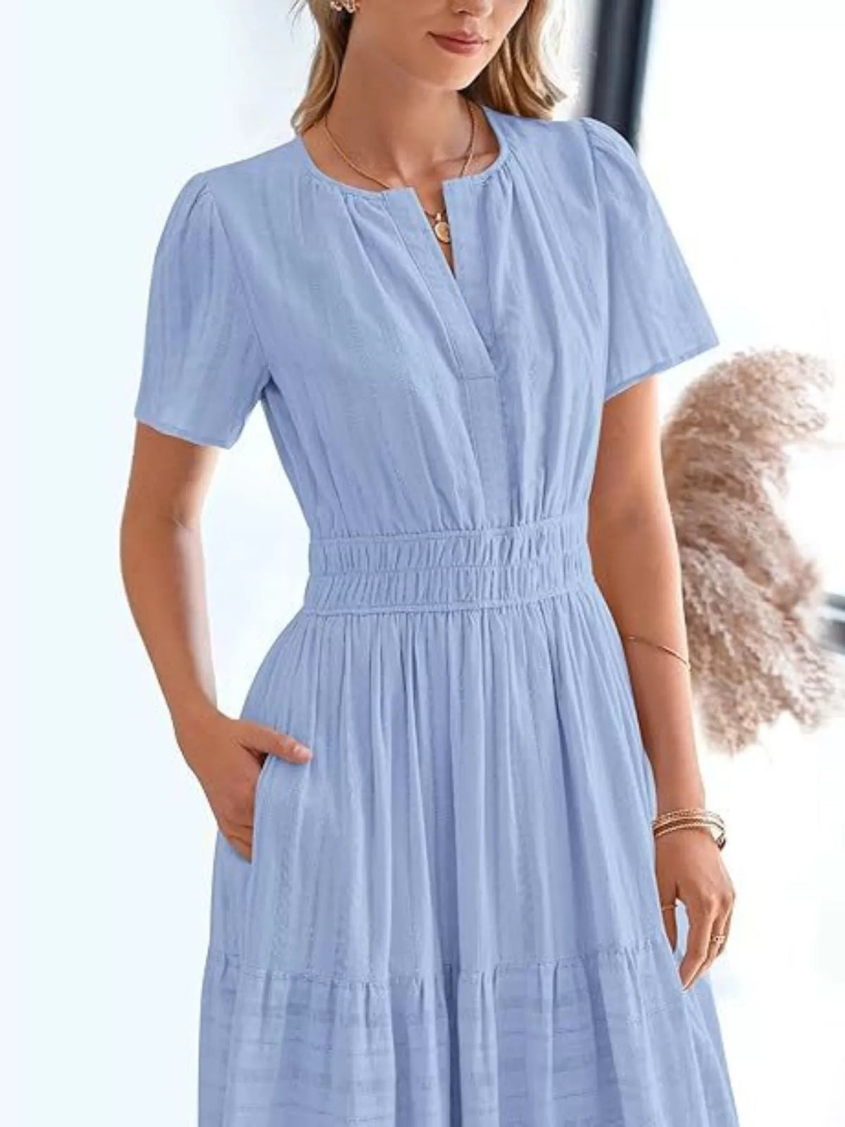 Short Sleeve Tiered Midi Dress with Pockets
