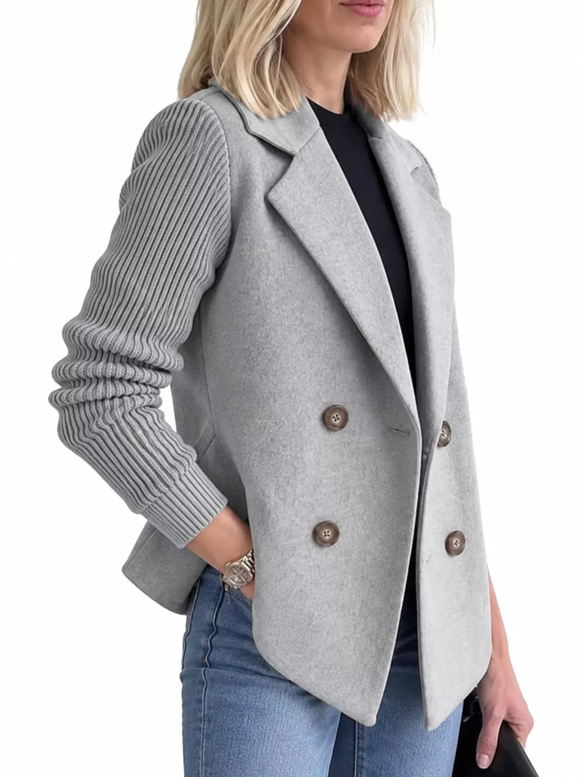 Double-Breasted Hybrid Blazer with Ribbed Knit Sleeves
