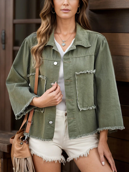 Raw Hem Button-Up Denim Jacket in Moss by Manny