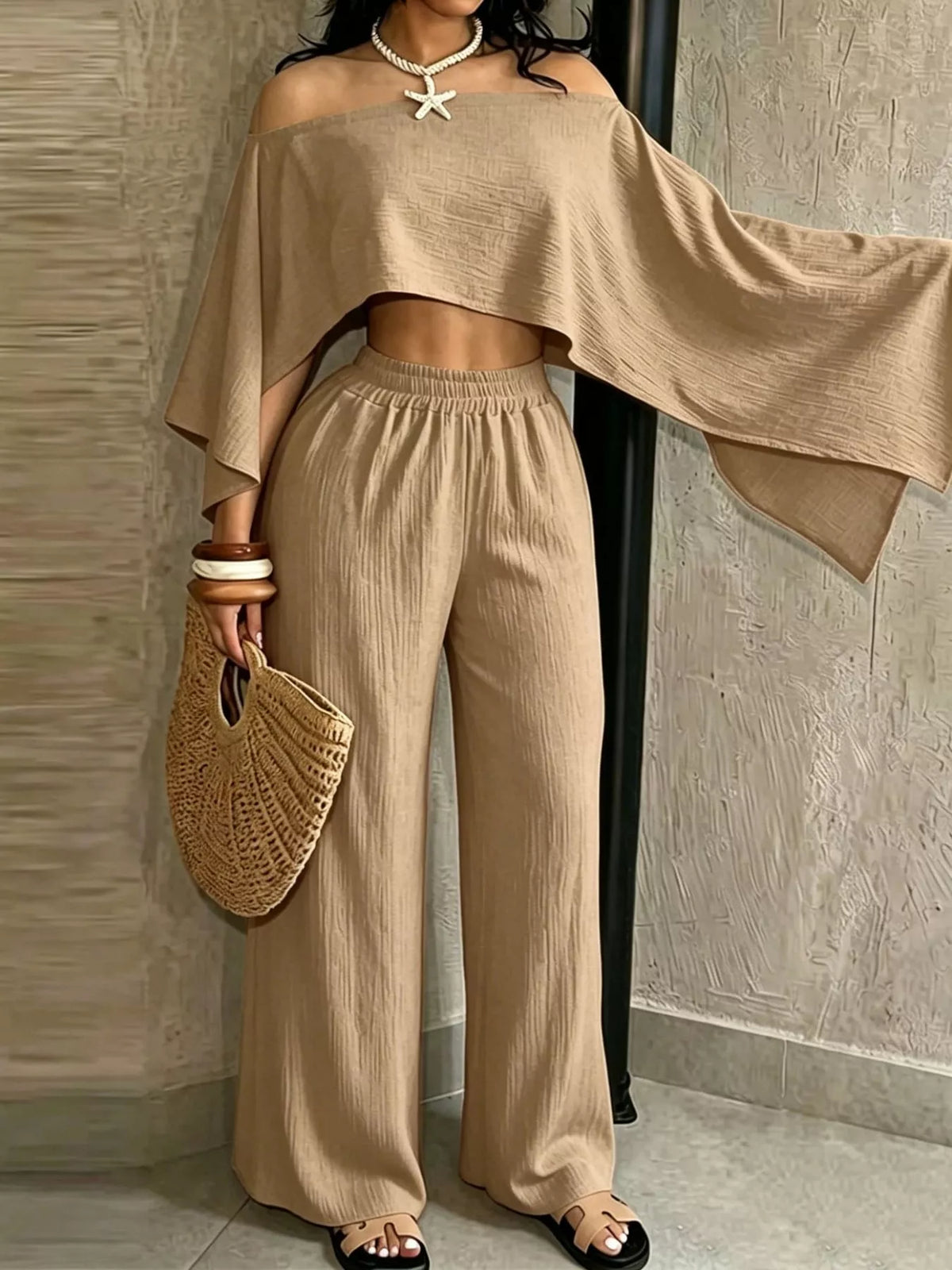 Boat Neck Crop Top and Wide-Leg Pants Set