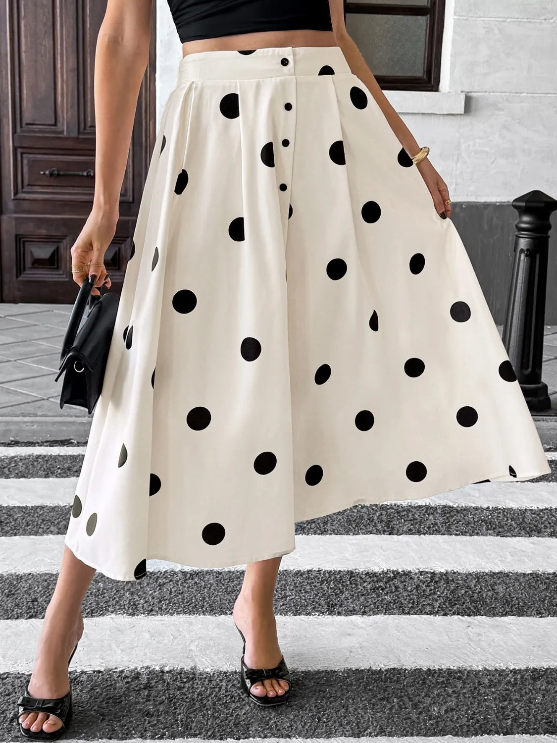 Polka Dot Button Skirt in Cream