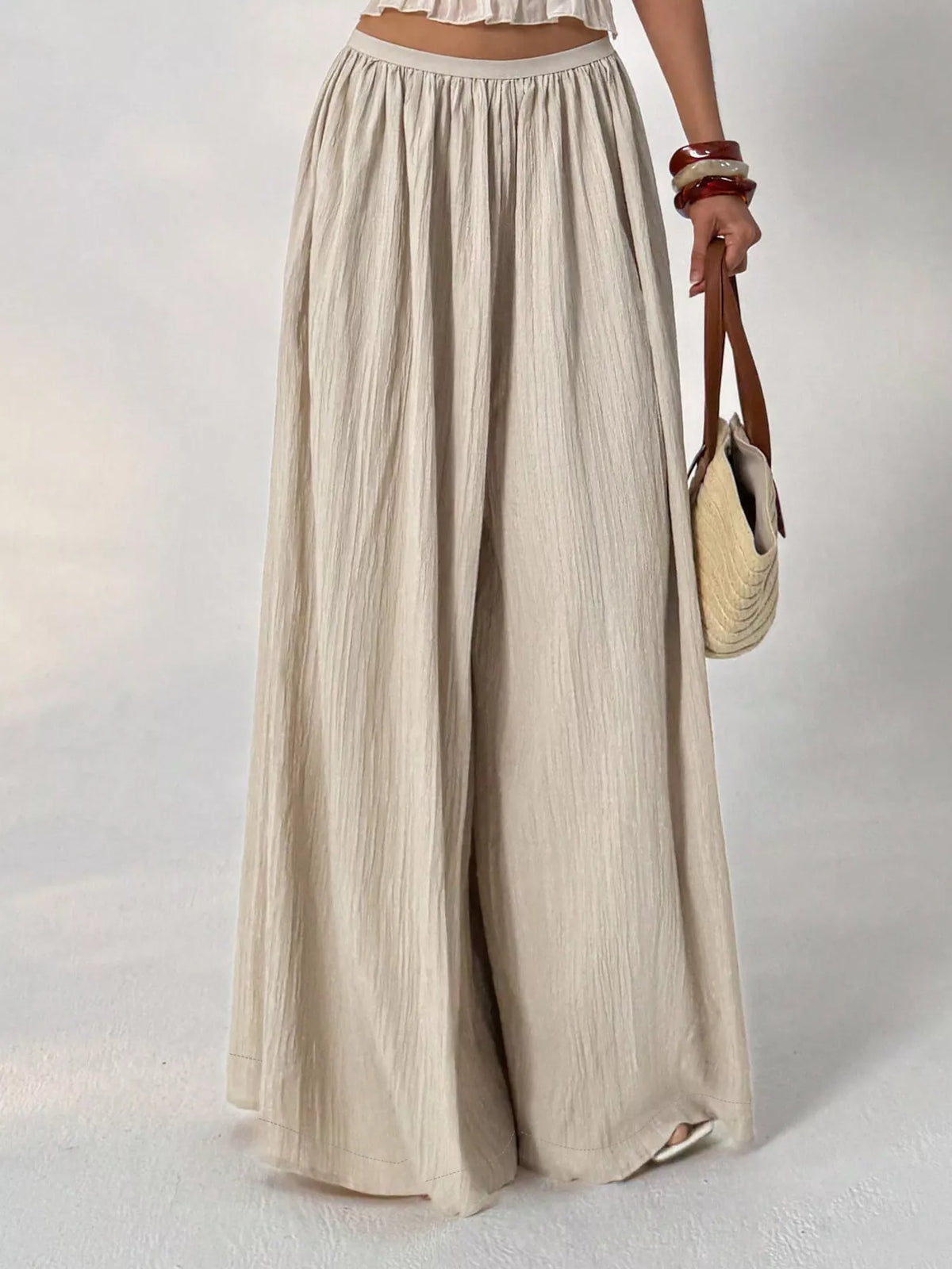 Wide-Leg Textured Pants in Khaki